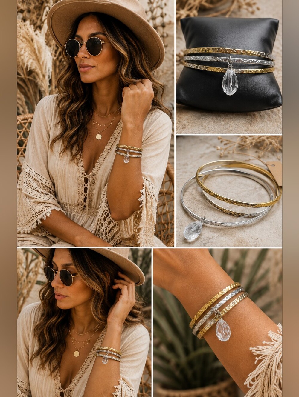 Plus Size Silver & Gold Crystal Charm Bangles Set | Mixed Metal Stack
